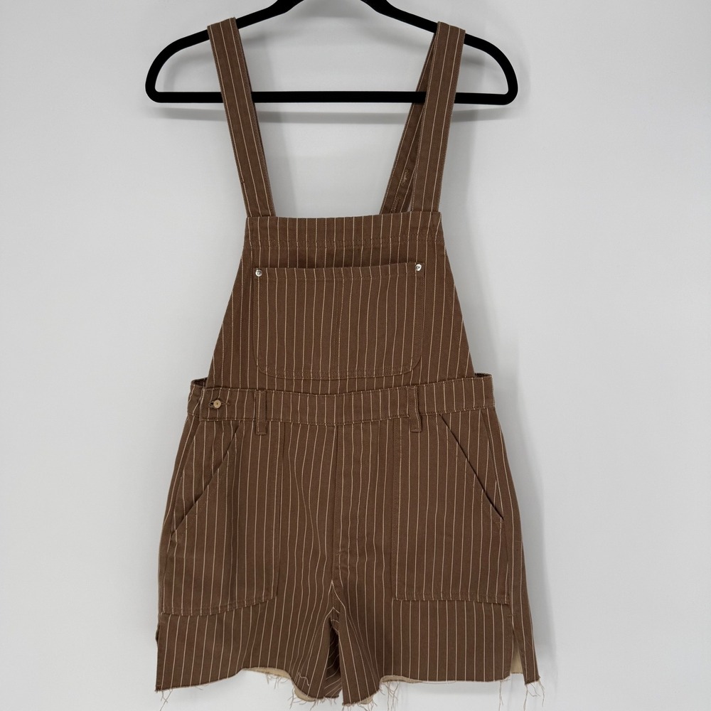 WEWOREWHAT SLIT OVERALL SHORT BROWN PINSTRIPE 100% COTTON SMALL NWT - FLAW - Picture 2 of 12